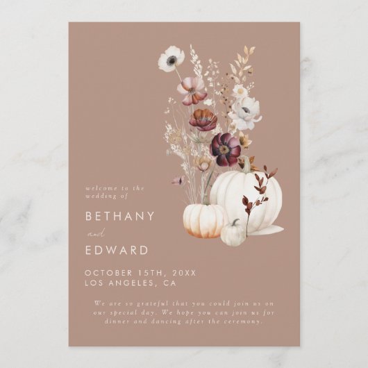 Rustikale Fall Taupe Blumenkürbis Hochzeit Programm (Vorderseite)