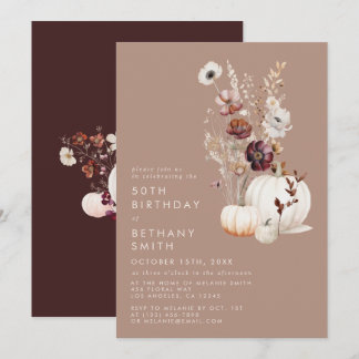 Rustikale Fall Taupe Floral Pumpkin Geburtstagspar Einladung
