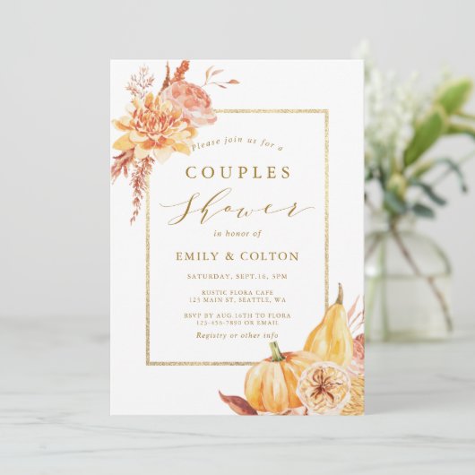 Rustikale Fall Wasserfarbe Blumengoldpaare Dusche Einladung (Stehend Vorderseite)