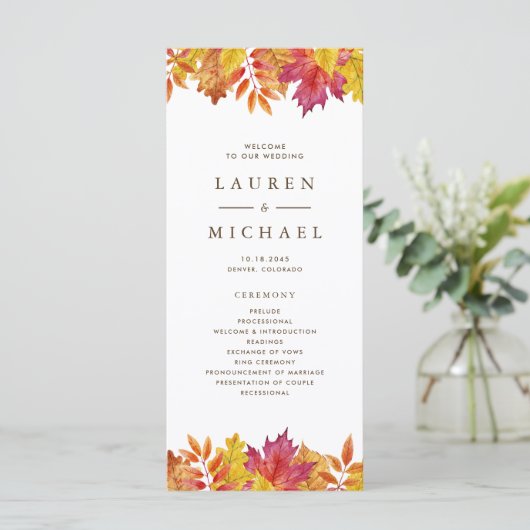 Rustikale Falling Blätter Garland Herbsthochzeit Programm (Stehend Vorderseite)