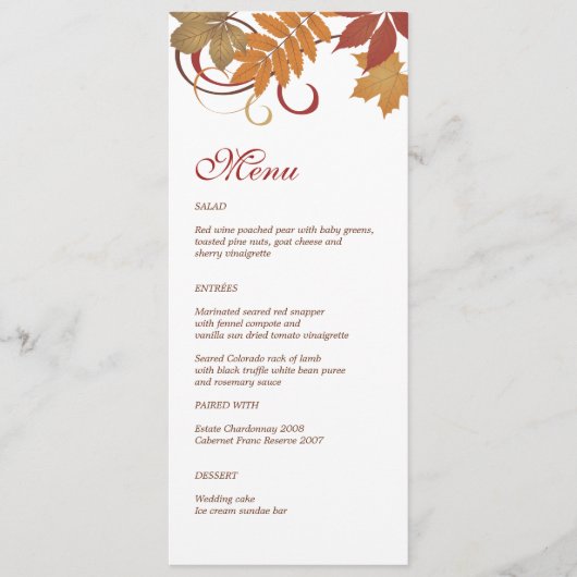 Rustikale Falling Blätter Hochzeitsessen Menükarte (Vorderseite)