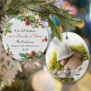 Rustikale Familie von 3 Neugeborenen 1. Weihnachts Ornament