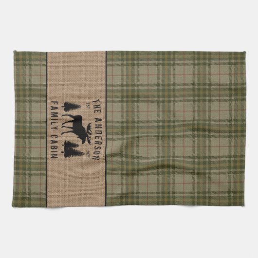 Rustikale Familienhütte Elche Kieferngrün Kariert  Geschirrtuch (Horizontal)