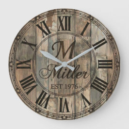 Rustikale Familienmonogramm-Wanduhr | Holz-Optik  Große Wanduhr