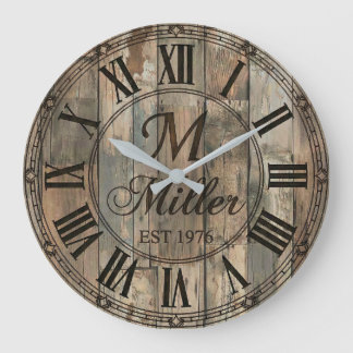 Rustikale Familienmonogramm-Wanduhr | Holz-Optik  Große Wanduhr