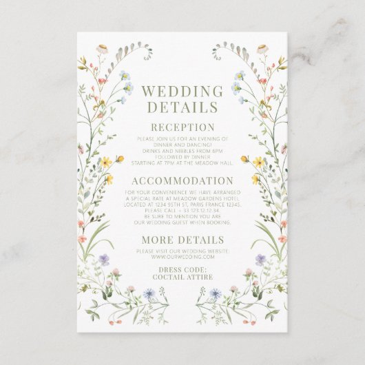 Rustikale farbenfrohe Wildblume Hochzeitsdetails K Begleitkarte (Vorderseite)