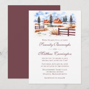 Rustikale Farm Burgunder Aquarell Winterhochzeit Einladung