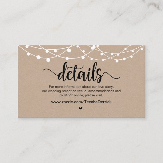 Rustikale Farm String Lights, Hochzeitdetails Begleitkarte (Vorderseite)