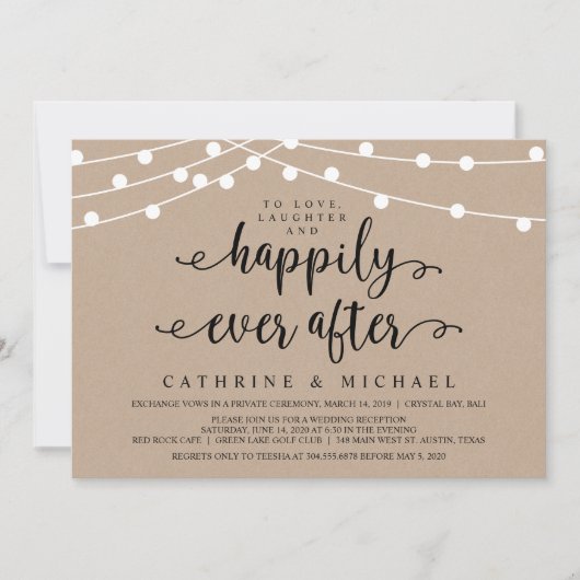 Rustikale Farm String Lights, Kraft Wedding Elopem Einladung (Vorderseite)