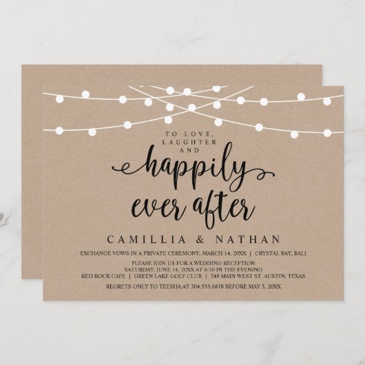 Rustikale Farm String Lights, Kraft Wedding Elopem Einladung (Vorne/Hinten)