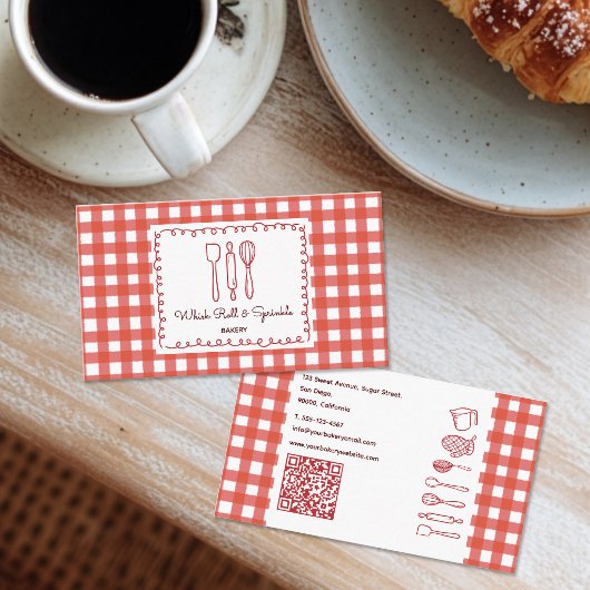Rustikale Farmhouse-Gingham-QR-Code-Bäckerei Visitenkarte