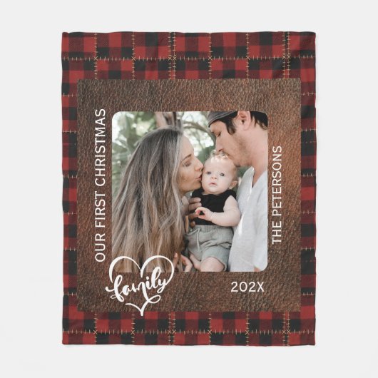Rustikale Farmhouse-Leder- und Karo-Weihnachtsfami Fleecedecke (Vorderseite)