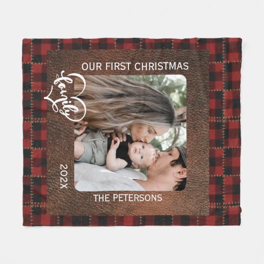 Rustikale Farmhouse-Leder- und Karo-Weihnachtsfami Fleecedecke (Vorderseite (Horizontal))