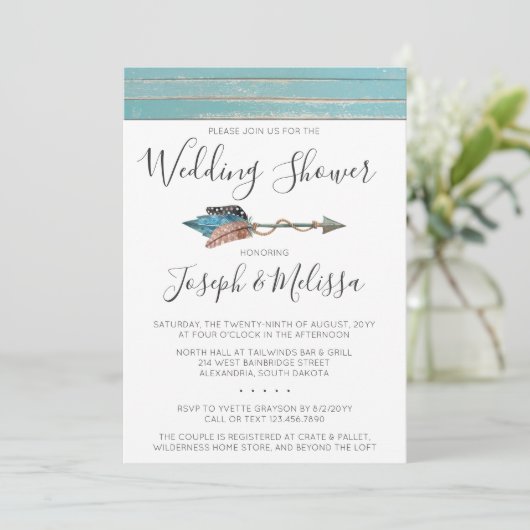 Rustikale Federn Pfeil Polterabend Einladung (Stehend Vorderseite)