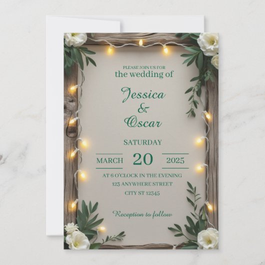 Rustikale Feenlicht-Hochzeit Einladung (Vorderseite)