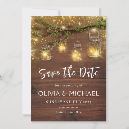 Rustikale Feenlichter Save-the-Dates, Mason-Gläser Einladung (Vorderseite)