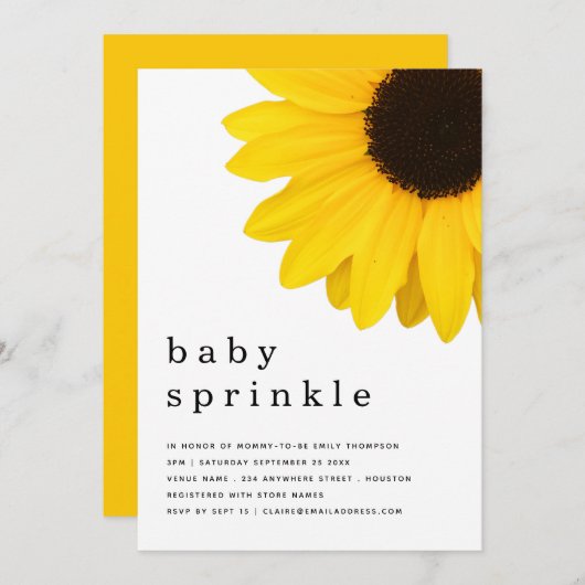 Rustikale, feine gelbe Sonnenblume Baby Sprinkle D Einladung (Vorne/Hinten)