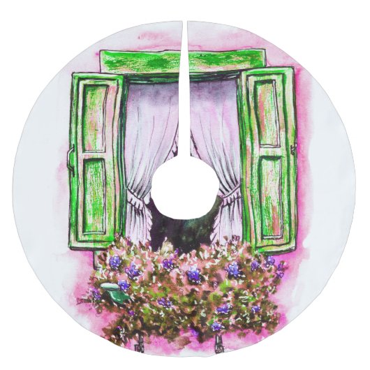 Rustikale Fenster: Aquarellbilder-Angebot. Polyester Weihnachtsbaumdecke (Vorderseite)