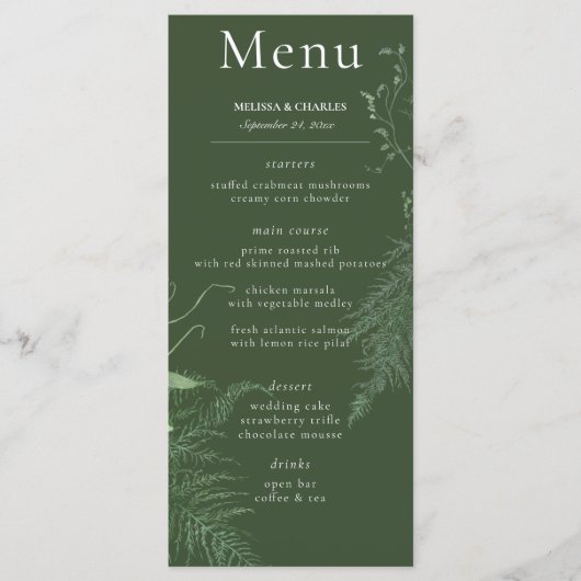 Rustikale Fern Green Foliage Emerald Wedding Long Menükarte (Vorderseite)