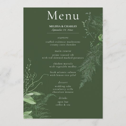 Rustikale Fern Green Foliage Emerald Wedding Menükarte (Vorderseite)
