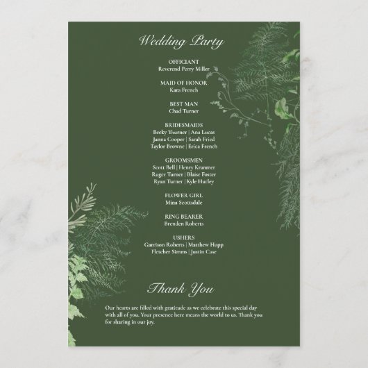Rustikale Fern Green Foliage Emerald Wedding Programm (Rückseite)