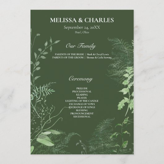 Rustikale Fern Green Foliage Emerald Wedding Programm (Vorderseite)