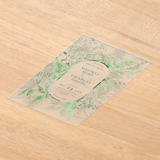 Rustikale Fern Green Foliage Smaragdgrüne Hochzeit Acryleinladungen (Ablage )