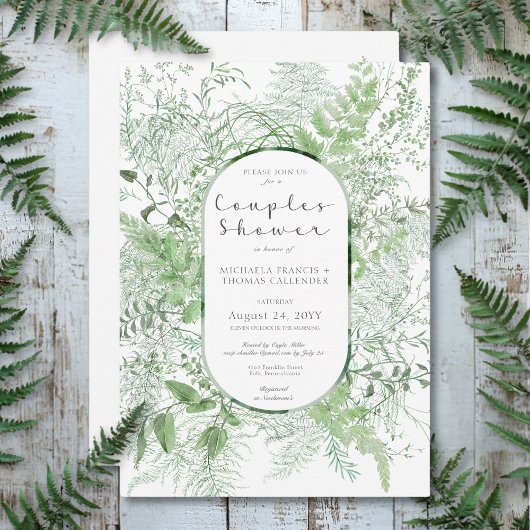 Rustikale Fern Green Foliage White Couples Dusche Einladung