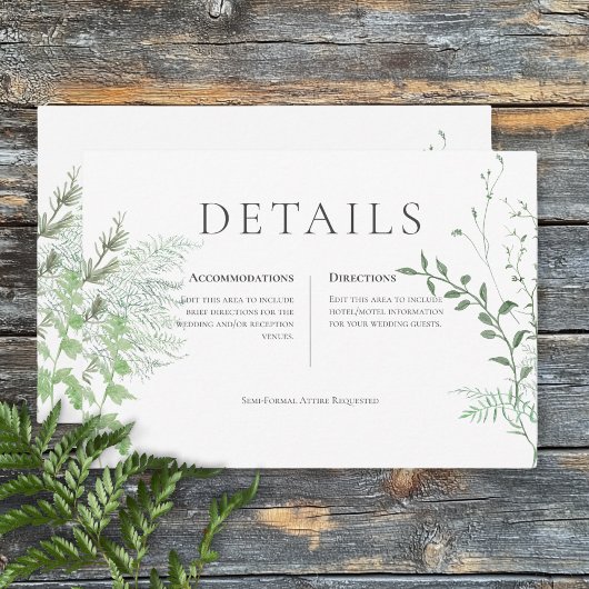 Rustikale Fern Green Foliage White Wedding Details Begleitkarte