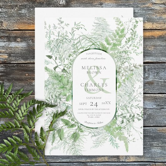 Rustikale Fern Green Foliage White Wedding Einladung