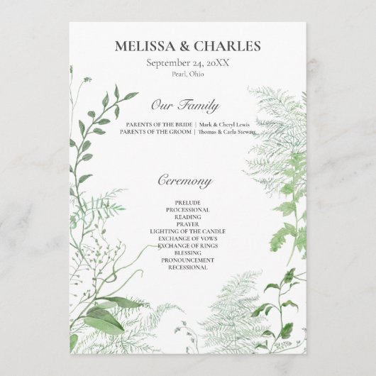 Rustikale Fern Green Foliage White Wedding Programm (Vorderseite)