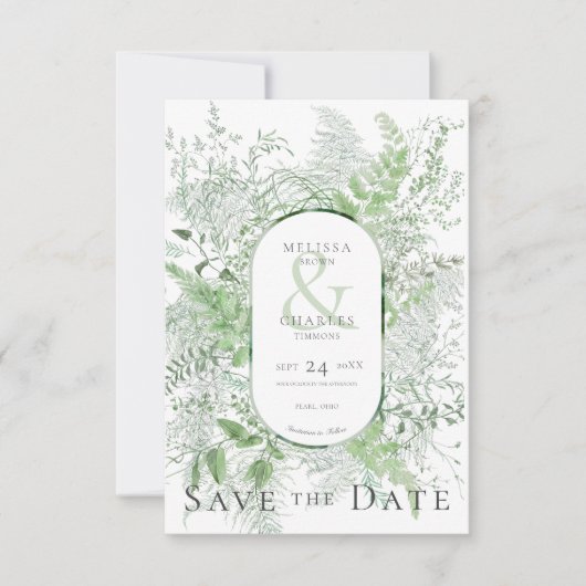 Rustikale Fern Green Foliage White Wedding Save The Date (Vorderseite)