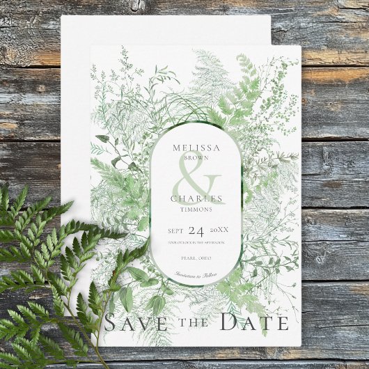 Rustikale Fern Green Foliage White Wedding Save The Date