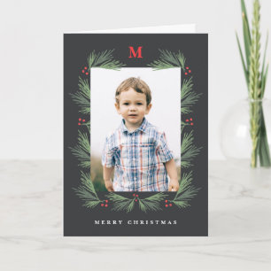 Rustikale Fichtenrahmen-Monogramm-Fotoweihnachtska Feiertagskarte