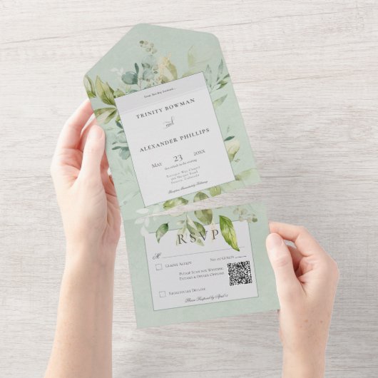 Rustikale Fläche Naturgrün QR Code All In One Einladung (Abreißen)