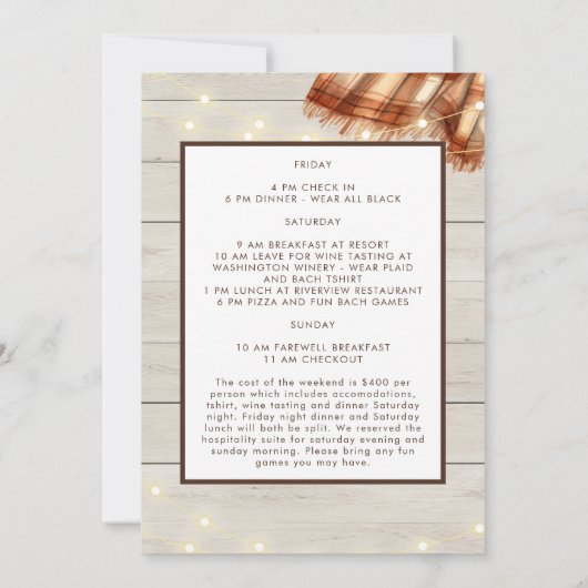 Rustikale Flannels & Fizz Fall Bachelorette Wochen Einladung (Rückseite)