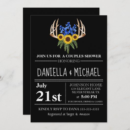 Rustikale Flora Antlers Paare Dusche Hochzeit Einladung (Vorne/Hinten)