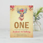Rustikale Flora Boho Deer Erster Geburtstag Einlad Einladung (Stehend Vorderseite)