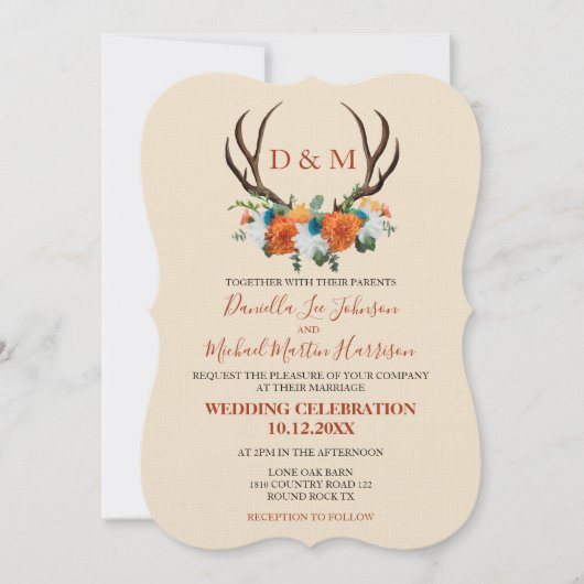Rustikale Floral Antlers BOHO Wedding Einladung (Vorderseite)