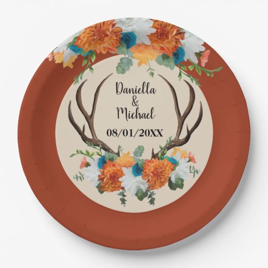 Rustikale Floral Antlers BOHO Wedding Pappteller (Vorderseite)