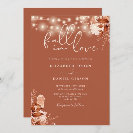 Rustikale Floral String Lights QR Code-Hochzeit im Einladung (Vorne/Hinten)