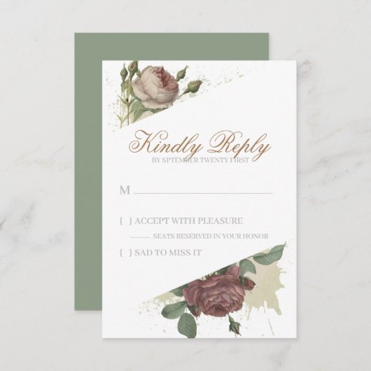Rustikale florale Burgund Marsala Blush Rose Moder RSVP Karte (Vorne/Hinten)