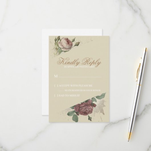 Rustikale florale Burgund Marsala Blush Rose Moder RSVP Karte (Vorderseite/Rückseite Beispiel)