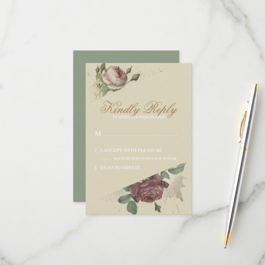 Rustikale florale Burgund Marsala Blush Rose Moder RSVP Karte (Vorderseite/Rückseite Beispiel)