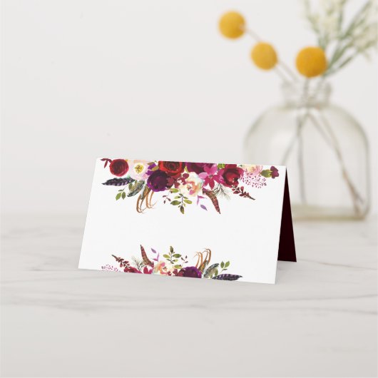 Rustikale florale Burgund Marsala Table Platzkarte (Vorderseite)