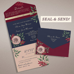 Rustikale Florale Burgund- und Navy-Hochzeit All In One Einladung