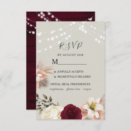 Rustikale, florale Burgundy Wedding RSVP Card (Vorne/Hinten)