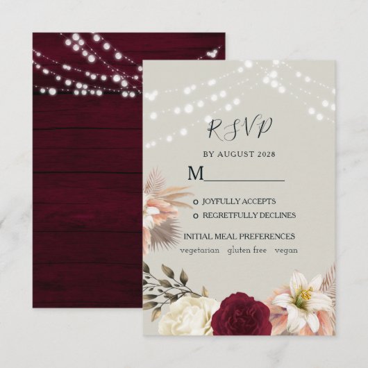 Rustikale, florale Burgundy Wedding RSVP Card Karte (Vorne/Hinten)
