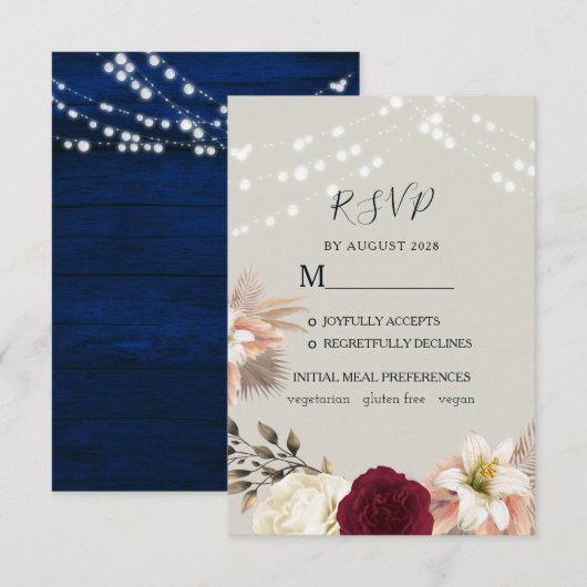 Rustikale, florale Burgundy Wedding RSVP Card Karte (Vorne/Hinten)