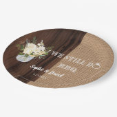 Rustikale Florale Jute Scheune WIR MACHEN IMMER NO Pappteller (Schrägansicht)